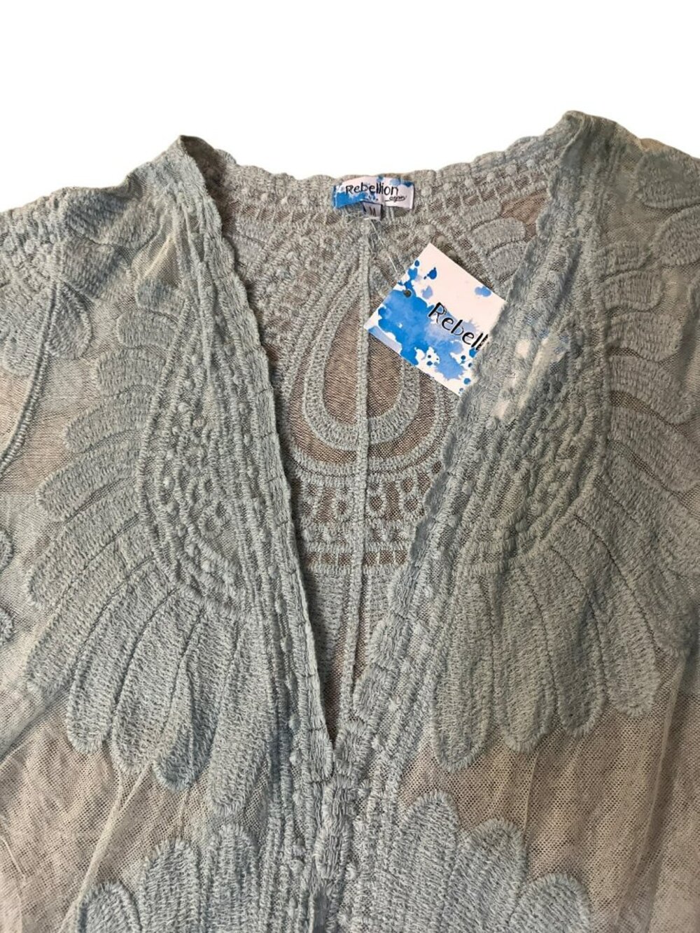 Rebellion Again Lace Duster Cardigan Womens Medium Light Teal New - Picture 4 of 11